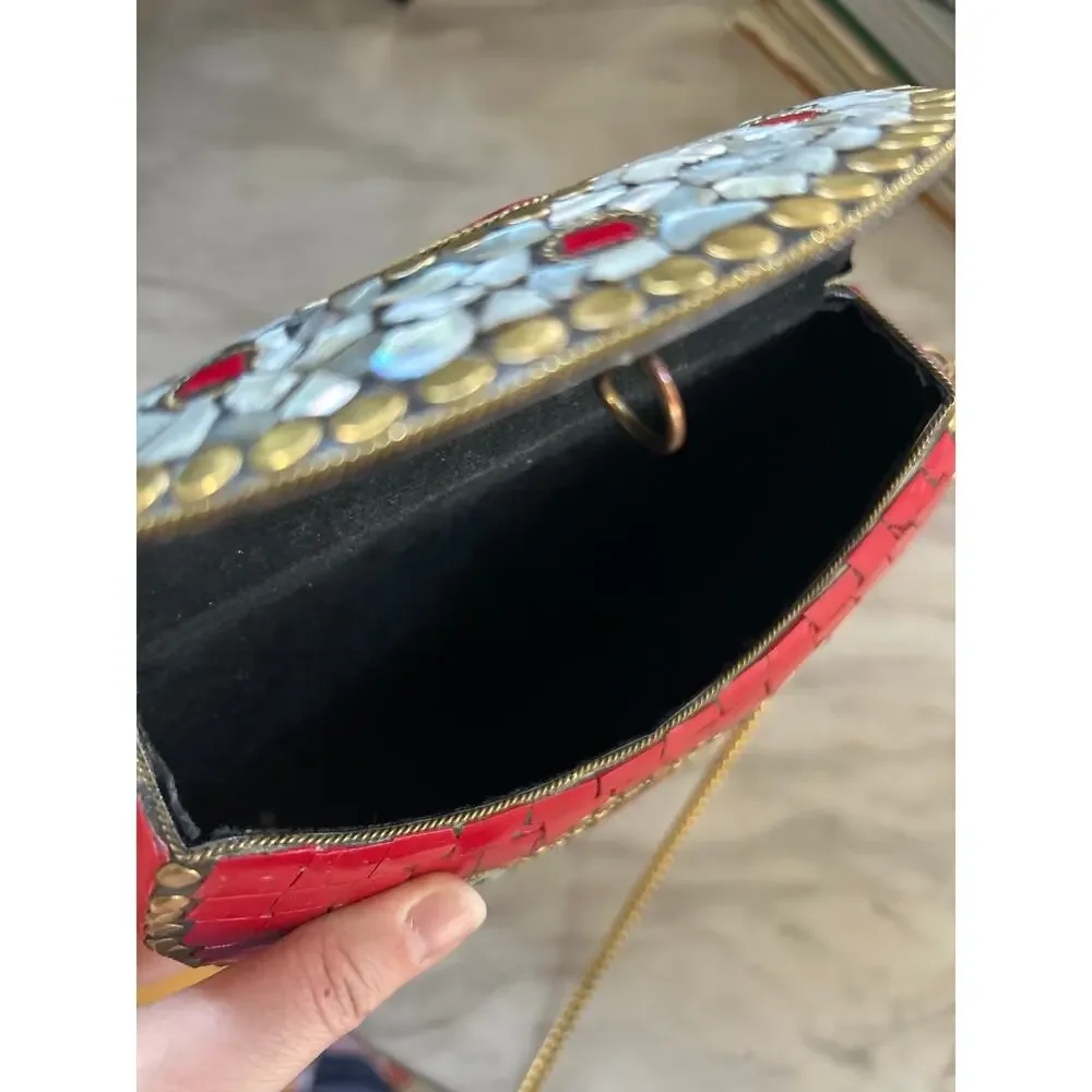 Red White & Brass Pearlescent Mosaic Mini Crossbody Purse Western Boho Indian
